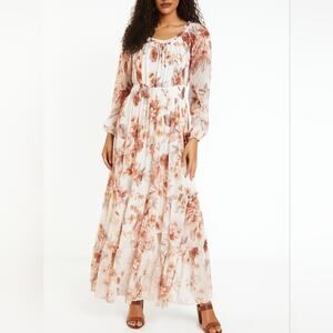 Maxi Floral Semi-Sheer Boho Chic Ruffled Smocked Dress Women's Size 6